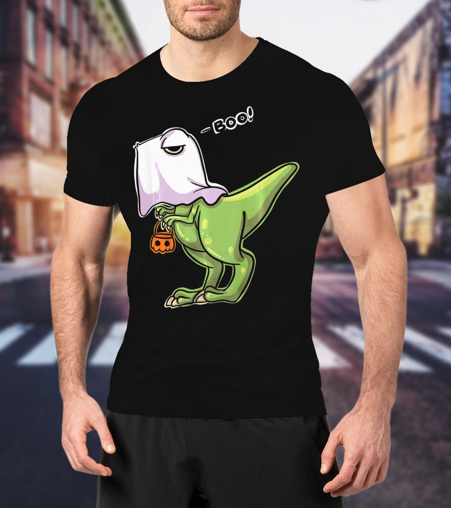 Funny Dinosaur Dressed As Halloween Ghost With Boo Text And Pumpkin T-Shirt