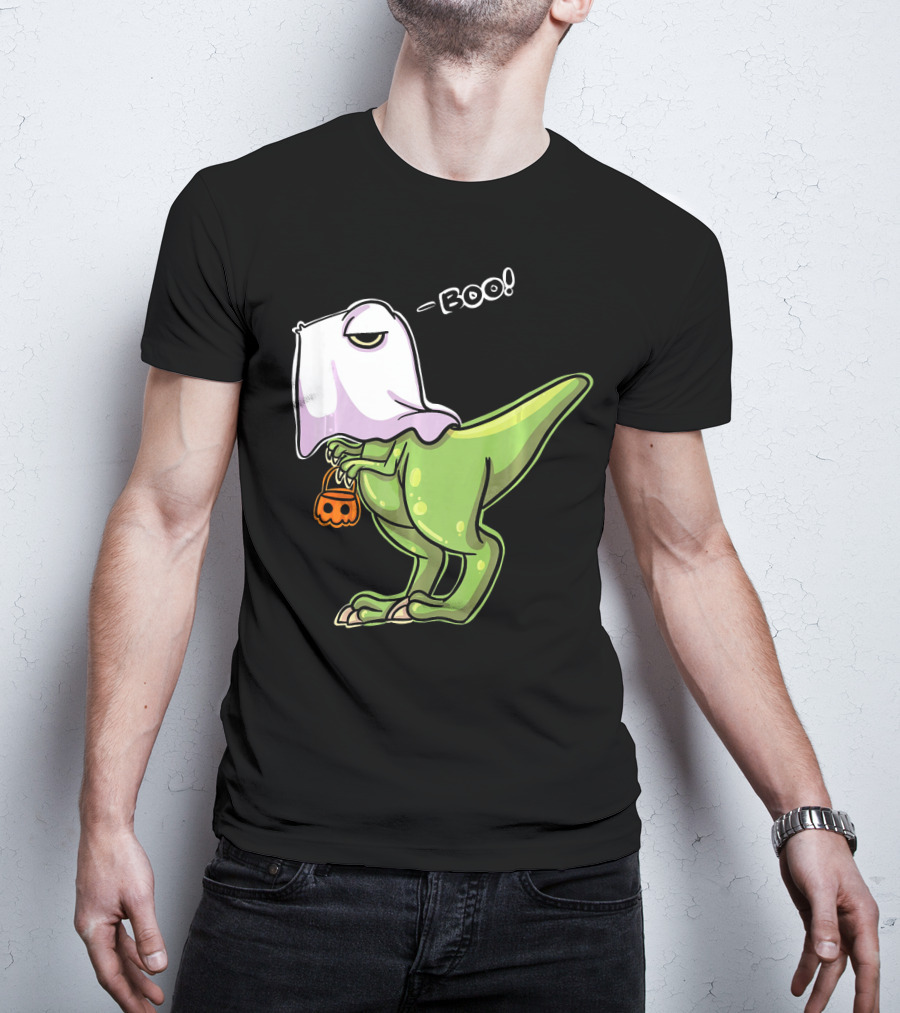 Funny Dinosaur Dressed As Halloween Ghost With Boo Text And Pumpkin T-Shirt