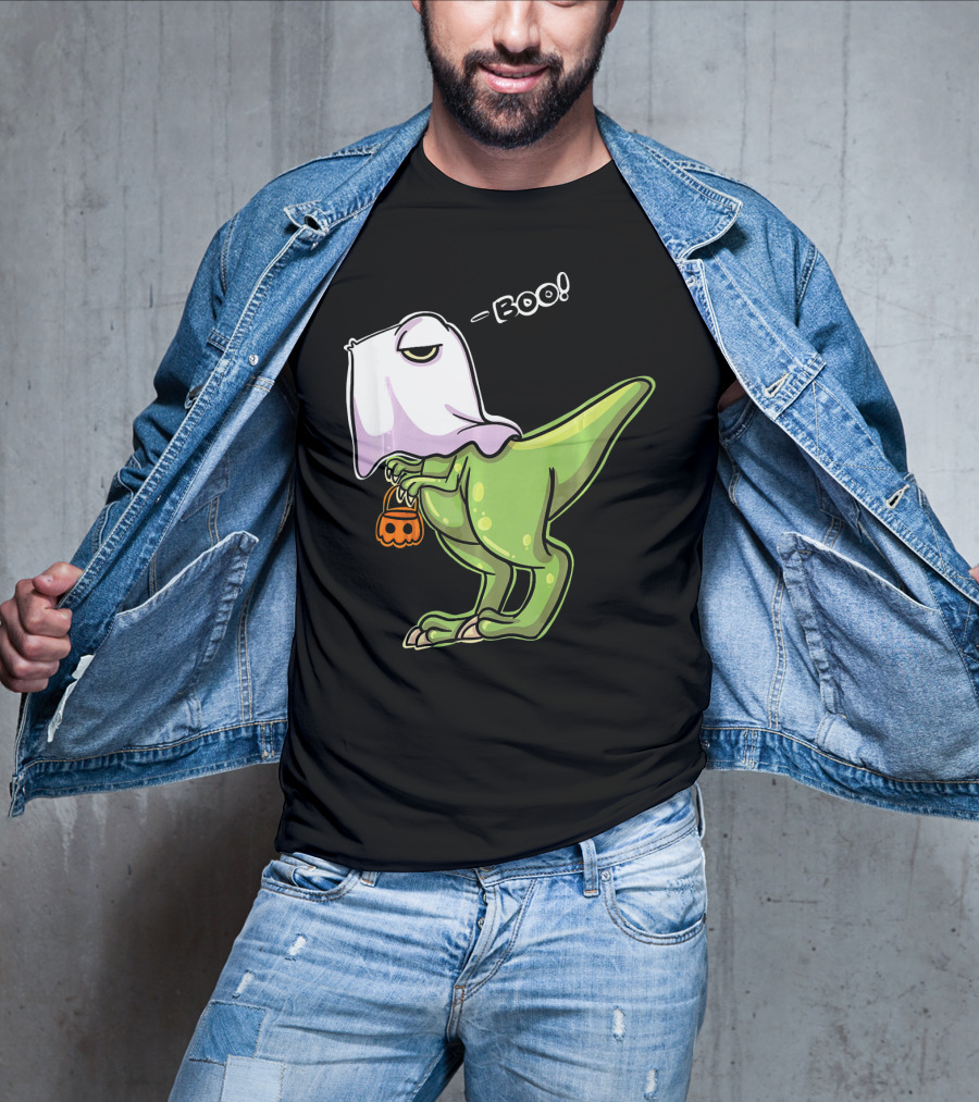Funny Dinosaur Dressed As Halloween Ghost With Boo Text And Pumpkin T-Shirt
