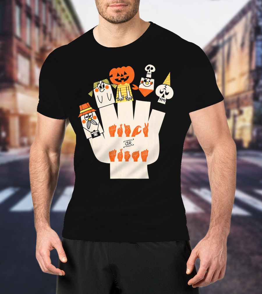 Trick Or Treat ASL Halloween Hand Signs With Pumpkin And Ghost Characters T-Shirt