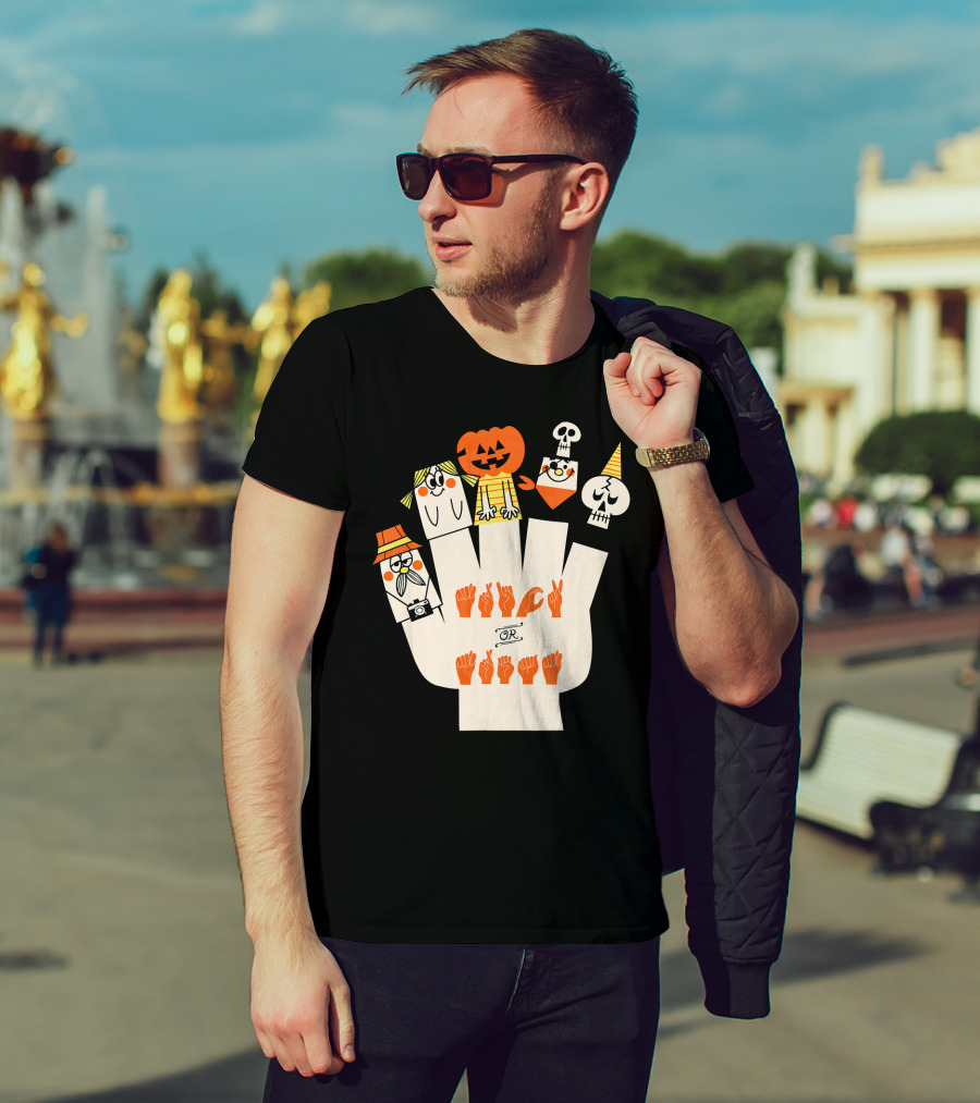Trick Or Treat ASL Halloween Hand Signs With Pumpkin And Ghost Characters T-Shirt