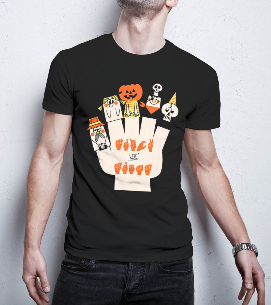 Trick Or Treat ASL Halloween Hand Signs With Pumpkin And Ghost Characters T-Shirt