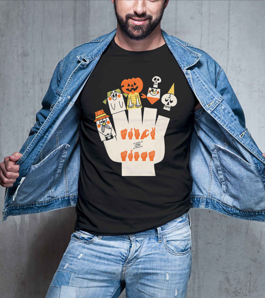 Trick Or Treat ASL Halloween Hand Signs With Pumpkin And Ghost Characters T-Shirt