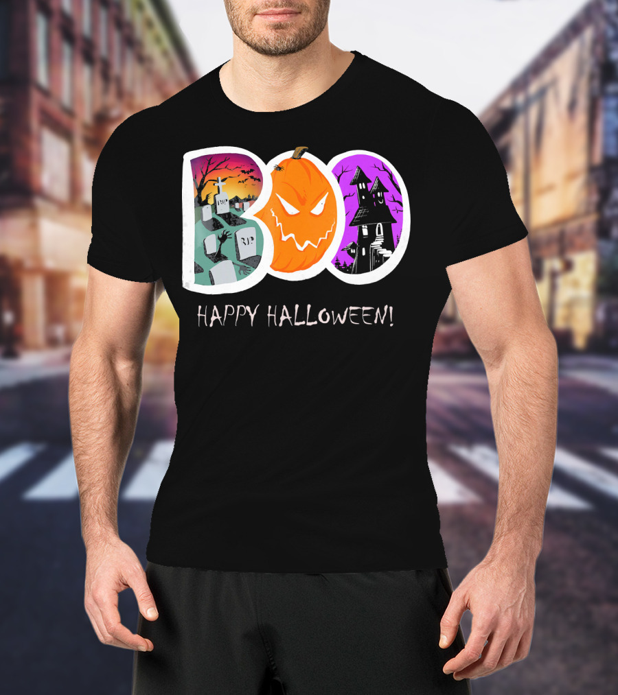 Happy Halloween Boo Trick Or Treat Pumpkin Graveyard Haunted House T-Shirt