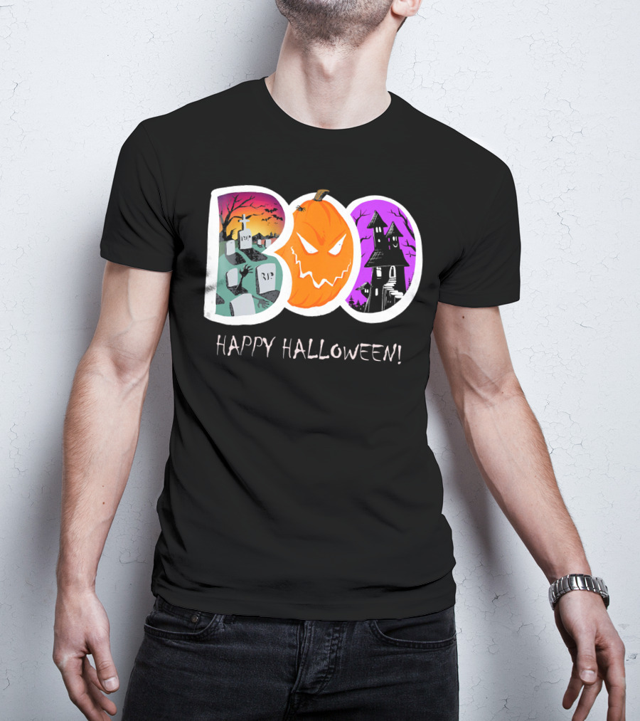 Happy Halloween Boo Trick Or Treat Pumpkin Graveyard Haunted House T-Shirt