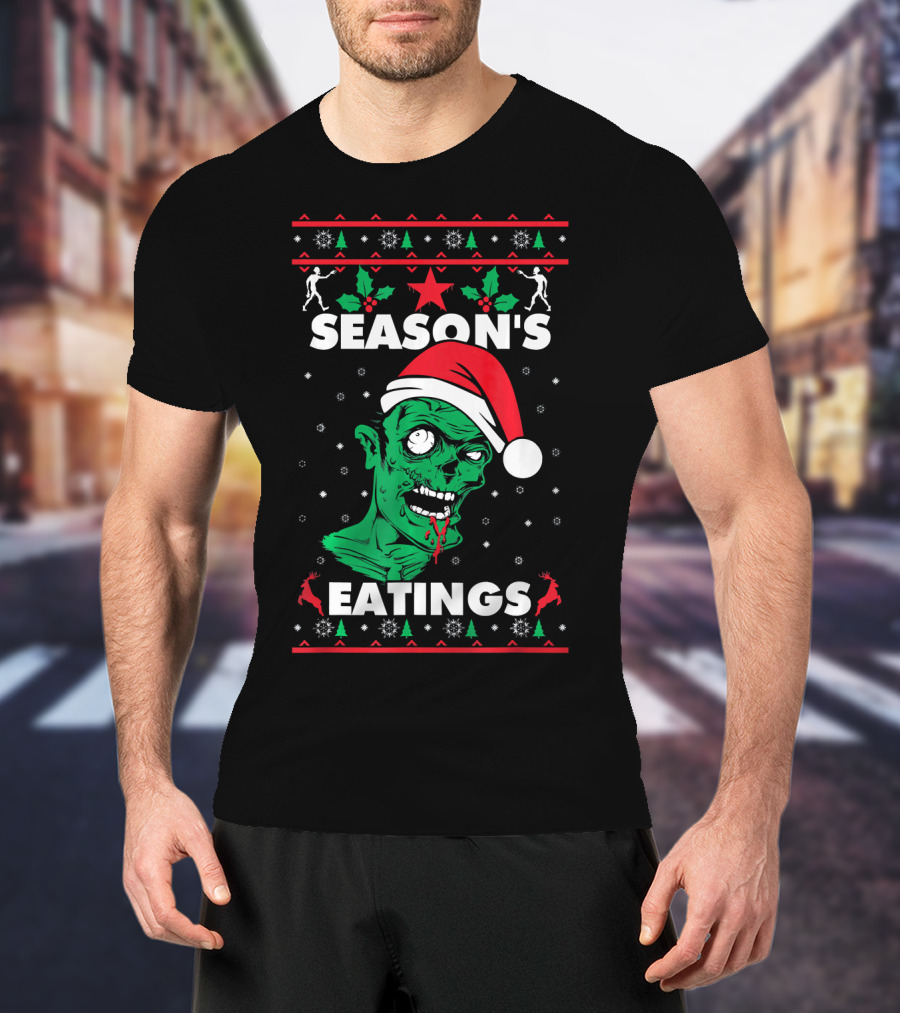 Season's Eatings Ugly Christmas Zombie Santa Hat Snowflakes T-Shirt