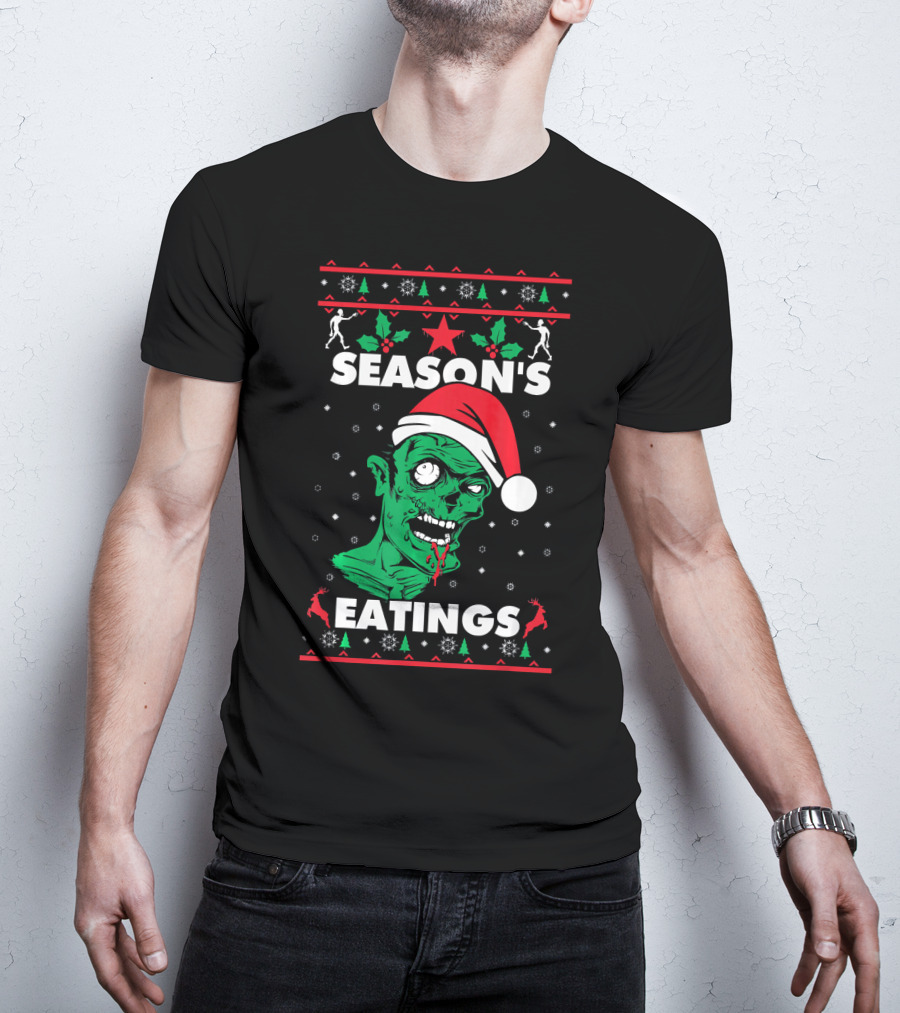 Season's Eatings Ugly Christmas Zombie Santa Hat Snowflakes T-Shirt