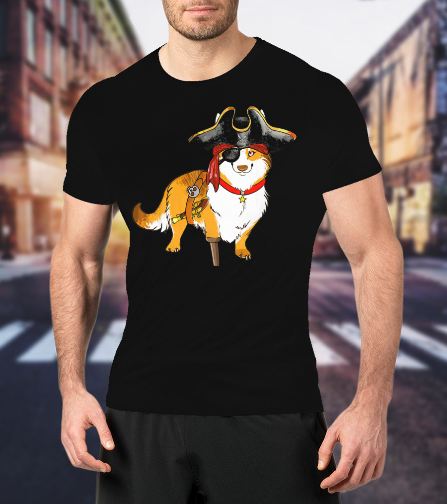 Funny Corgi Pirates With Pegleg And Eyepatch T-Shirt