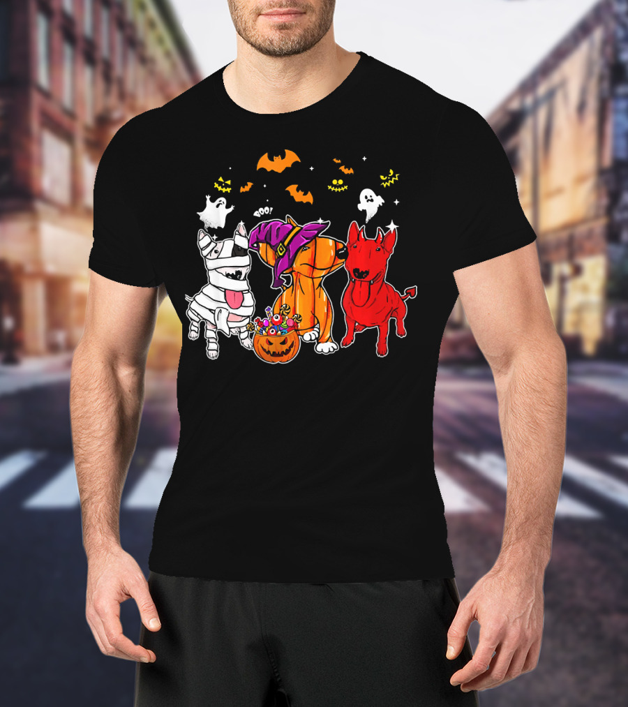 Adorable Bull Terrier Trio In Halloween Costumes With Spooky Ghosts And Bats T-Shirt