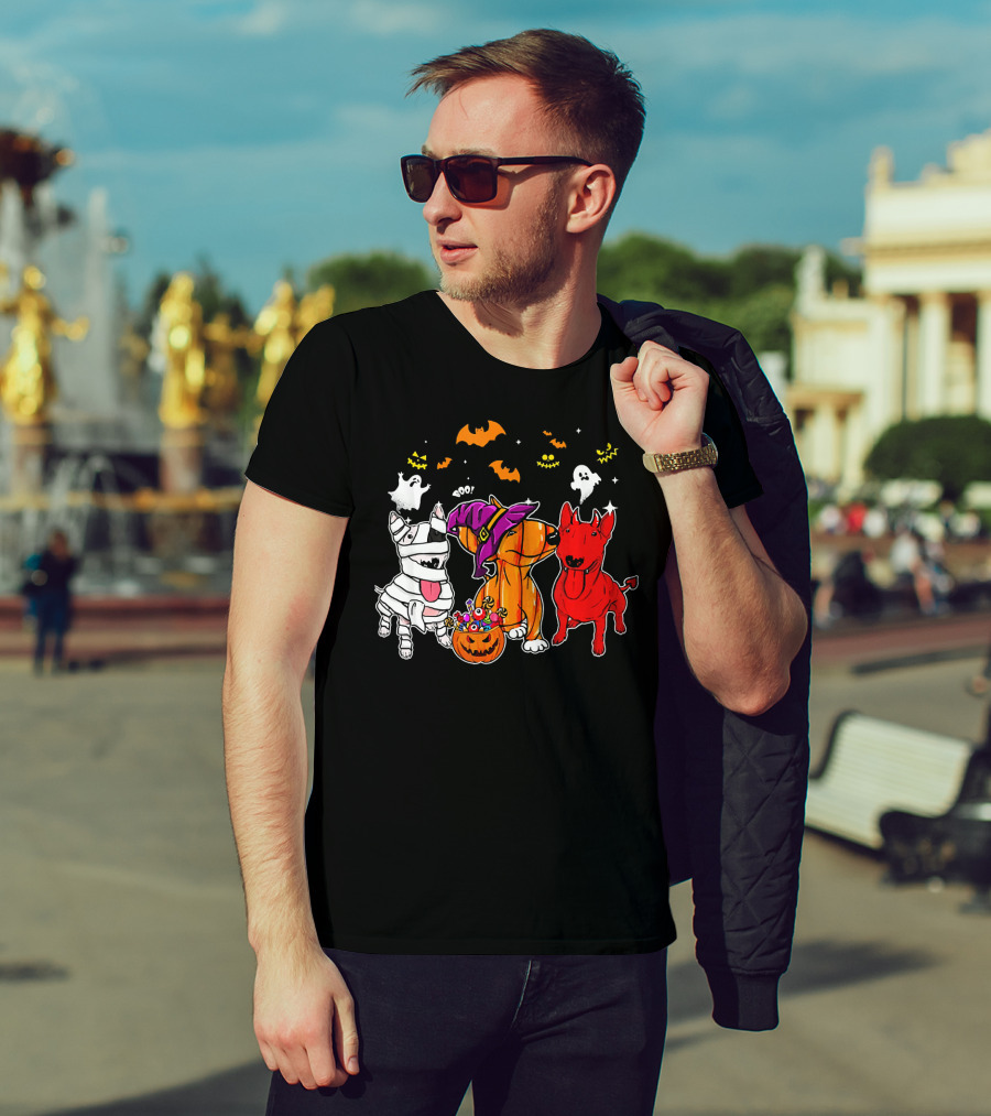 Adorable Bull Terrier Trio In Halloween Costumes With Spooky Ghosts And Bats T-Shirt