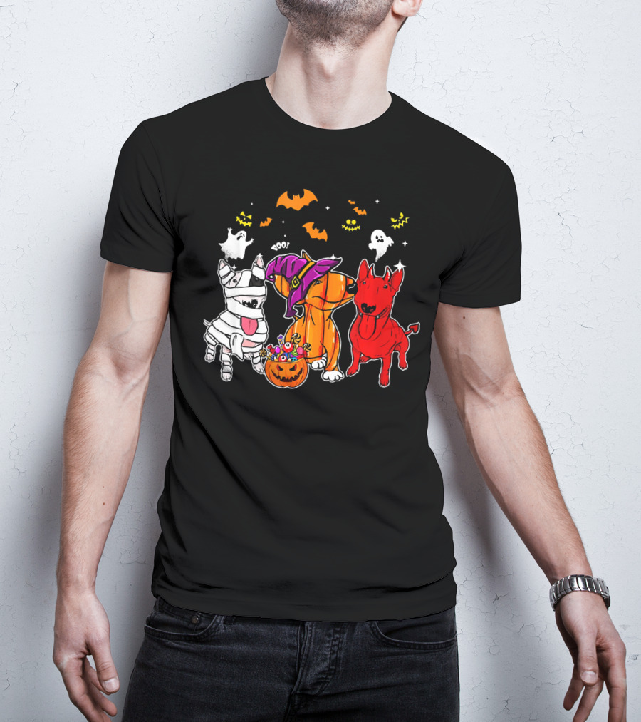 Adorable Bull Terrier Trio In Halloween Costumes With Spooky Ghosts And Bats T-Shirt