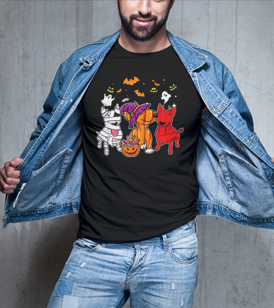 Adorable Bull Terrier Trio In Halloween Costumes With Spooky Ghosts And Bats T-Shirt