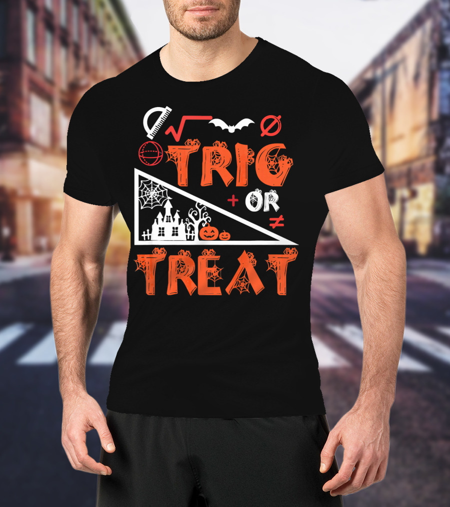 Trig Or Treat Math Halloween Costume Concept With Spooky Castle, Spider Webs, And Math Symbols T-Shirt