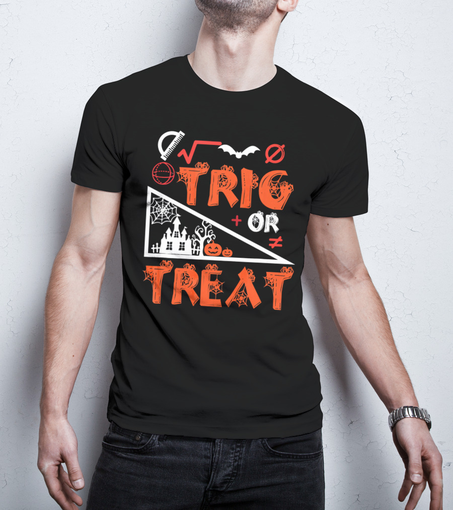 Trig Or Treat Math Halloween Costume Concept With Spooky Castle, Spider Webs, And Math Symbols T-Shirt