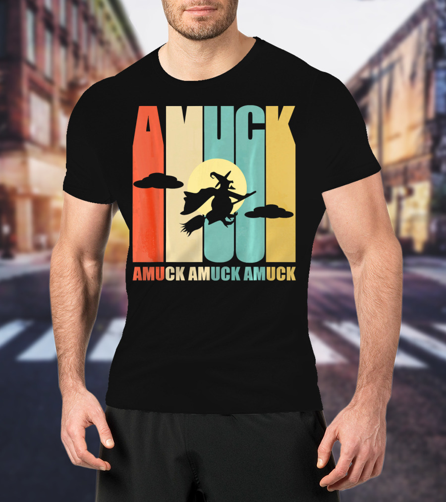 Amuck Amuck Amuck Vintage Witch On Broom Silhouette With Sunset Background T-Shirt