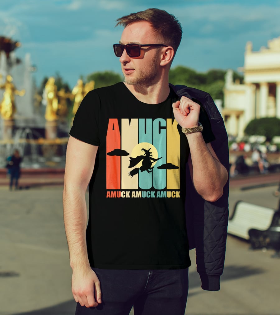 Amuck Amuck Amuck Vintage Witch On Broom Silhouette With Sunset Background T-Shirt