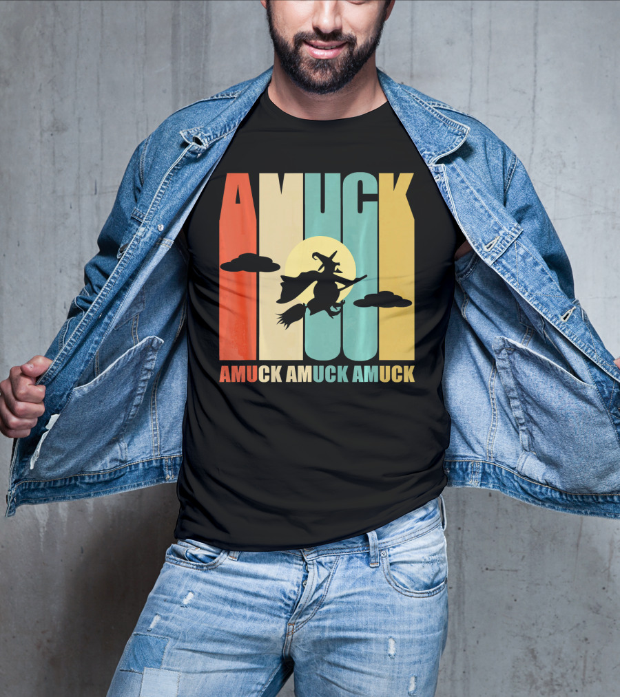 Amuck Amuck Amuck Vintage Witch On Broom Silhouette With Sunset Background T-Shirt