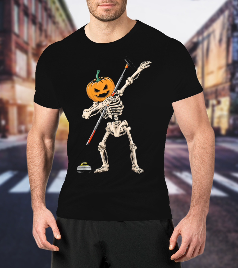 Pumpkin Skeleton Dabbing Curling Halloween T-Shirt