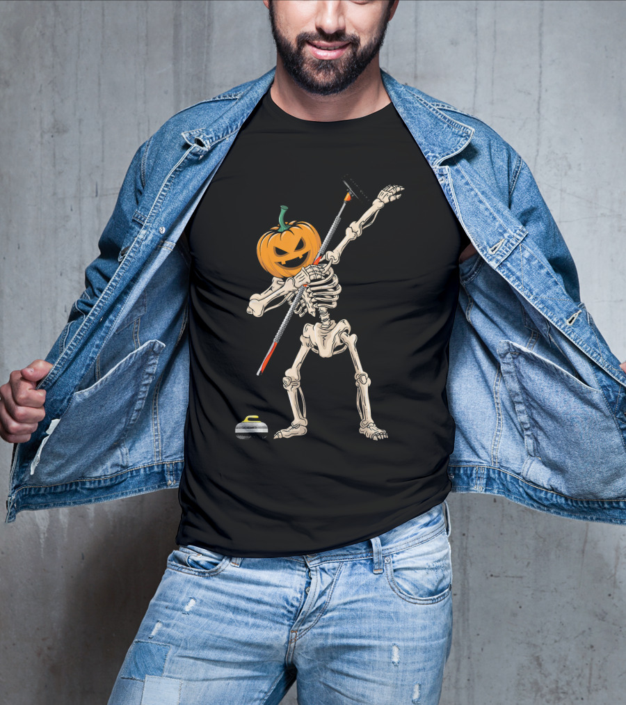 Pumpkin Skeleton Dabbing Curling Halloween T-Shirt