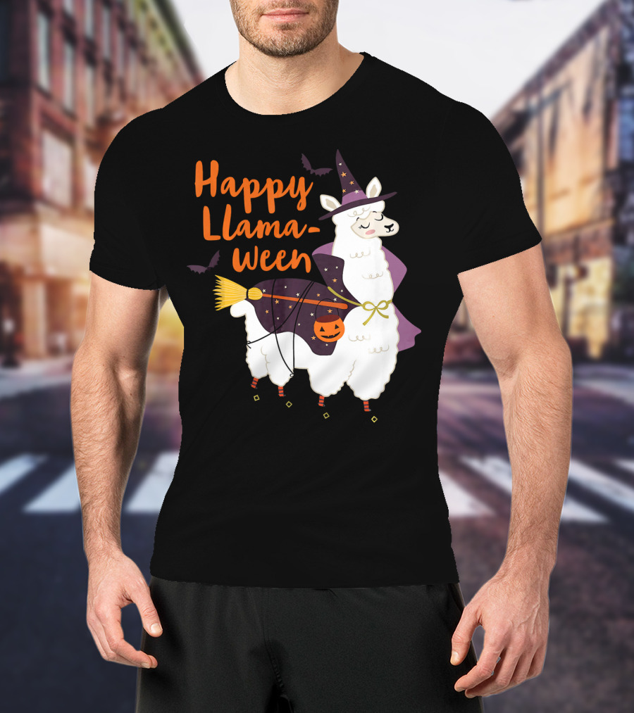 Happy Llamaween Witchy Halloween Llama With Hat And Broom T-Shirt