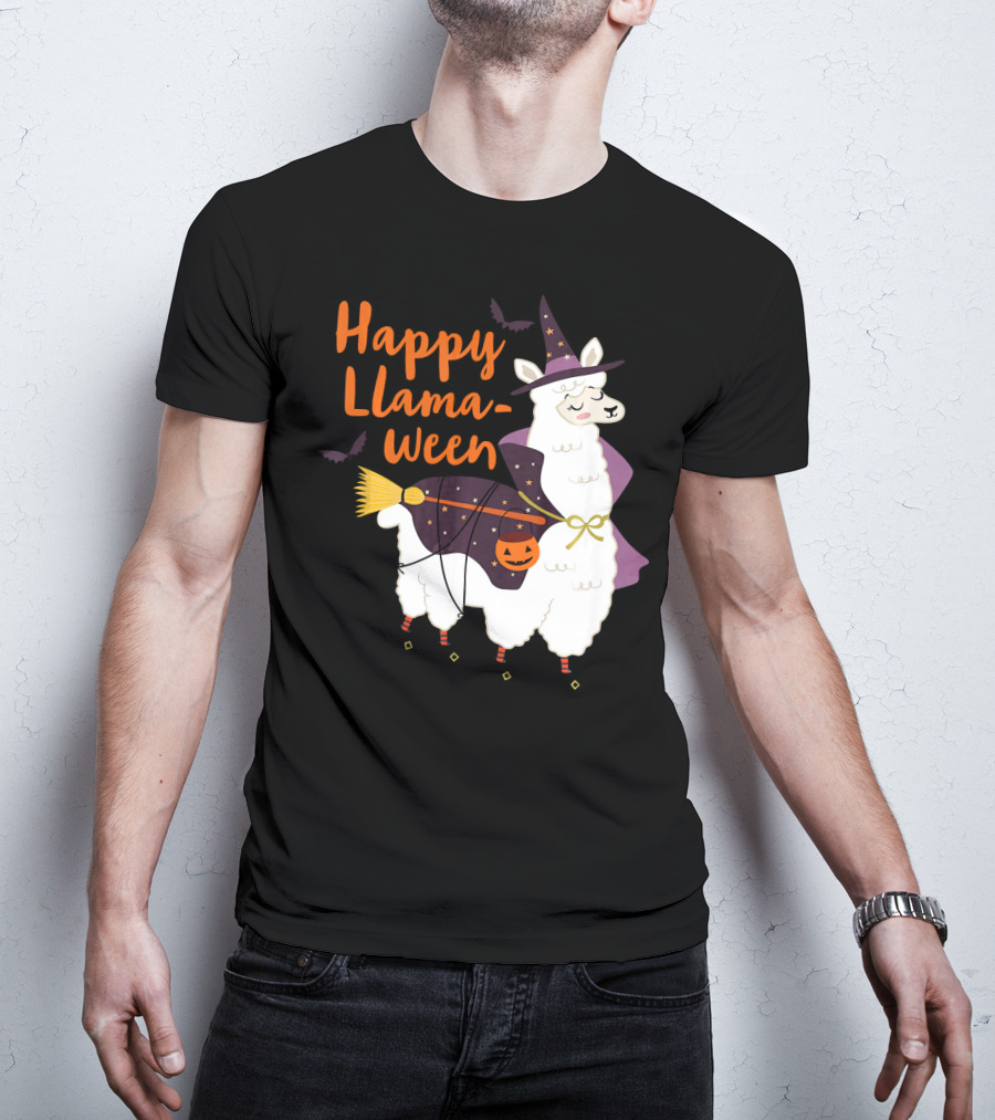 Happy Llamaween Witchy Halloween Llama With Hat And Broom T-Shirt