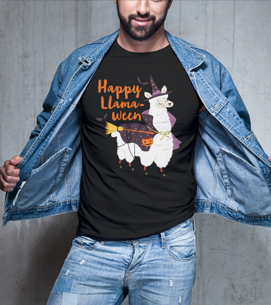 Happy Llamaween Witchy Halloween Llama With Hat And Broom T-Shirt