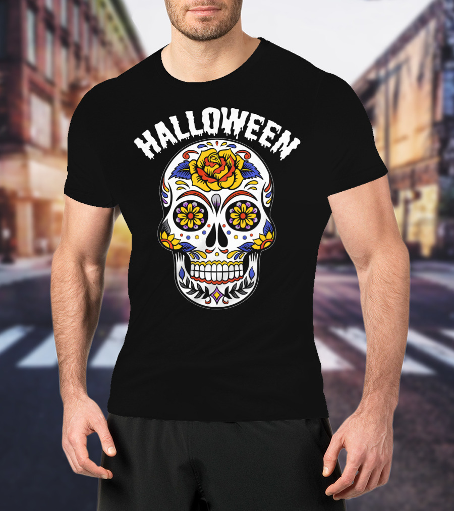 Halloween Calaveras Skull With Floral T-Shirt