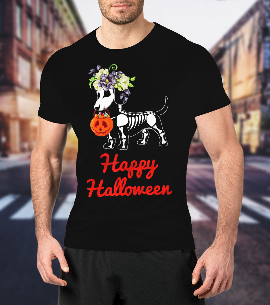 Happy Halloween Skeleton Dachshund With Pumpkin And Floral Crown T-Shirt
