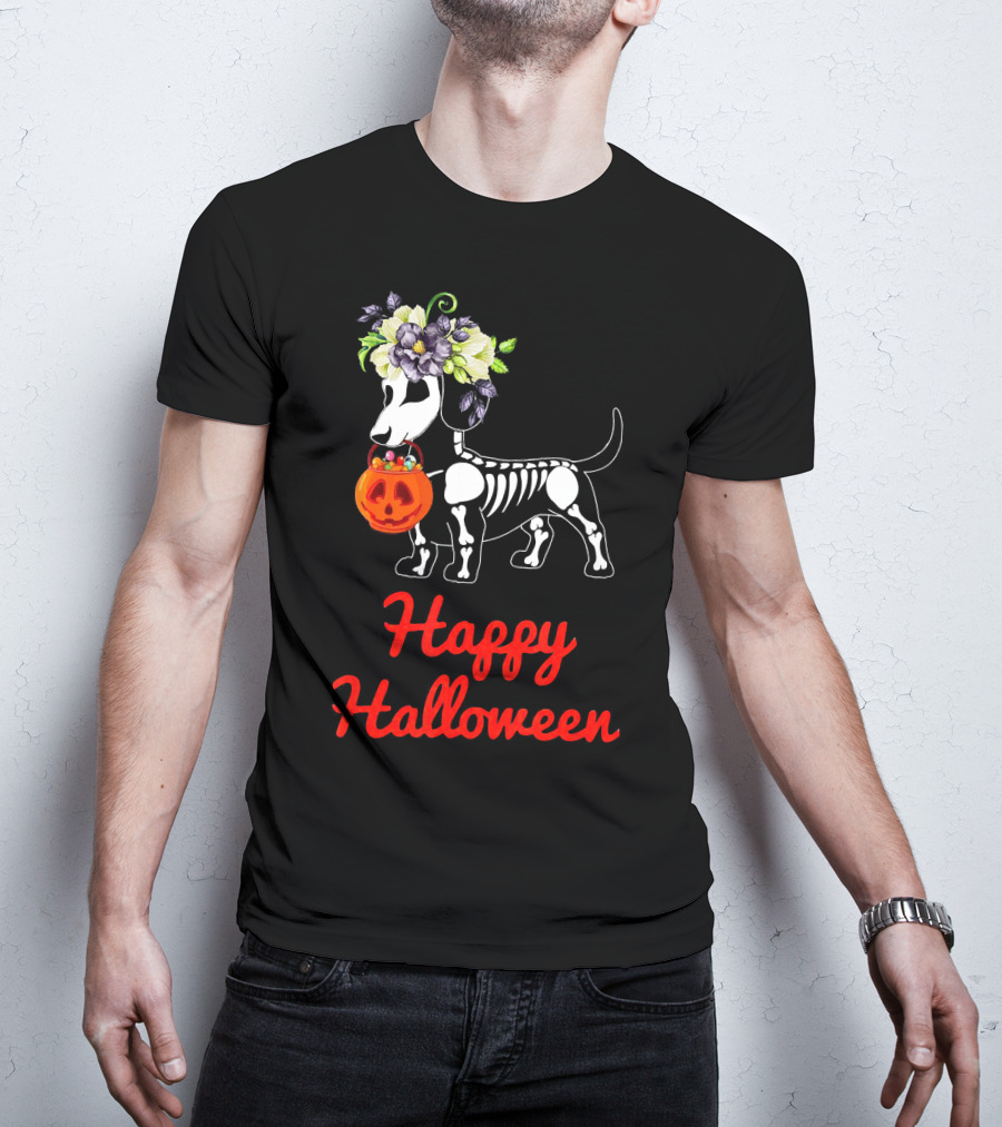 Happy Halloween Skeleton Dachshund With Pumpkin And Floral Crown T-Shirt