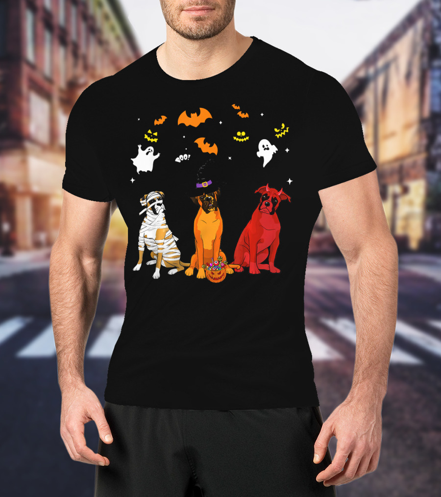 Halloween Boxer Dogs Mummy Witch Ghosts Bats T-Shirt