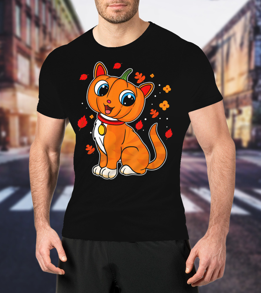 Halloween Pumpkin Cat With Autumn Leaves And Flowers T-Shirt