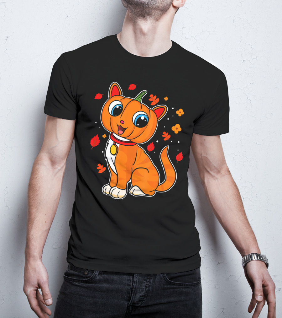 Halloween Pumpkin Cat With Autumn Leaves And Flowers T-Shirt