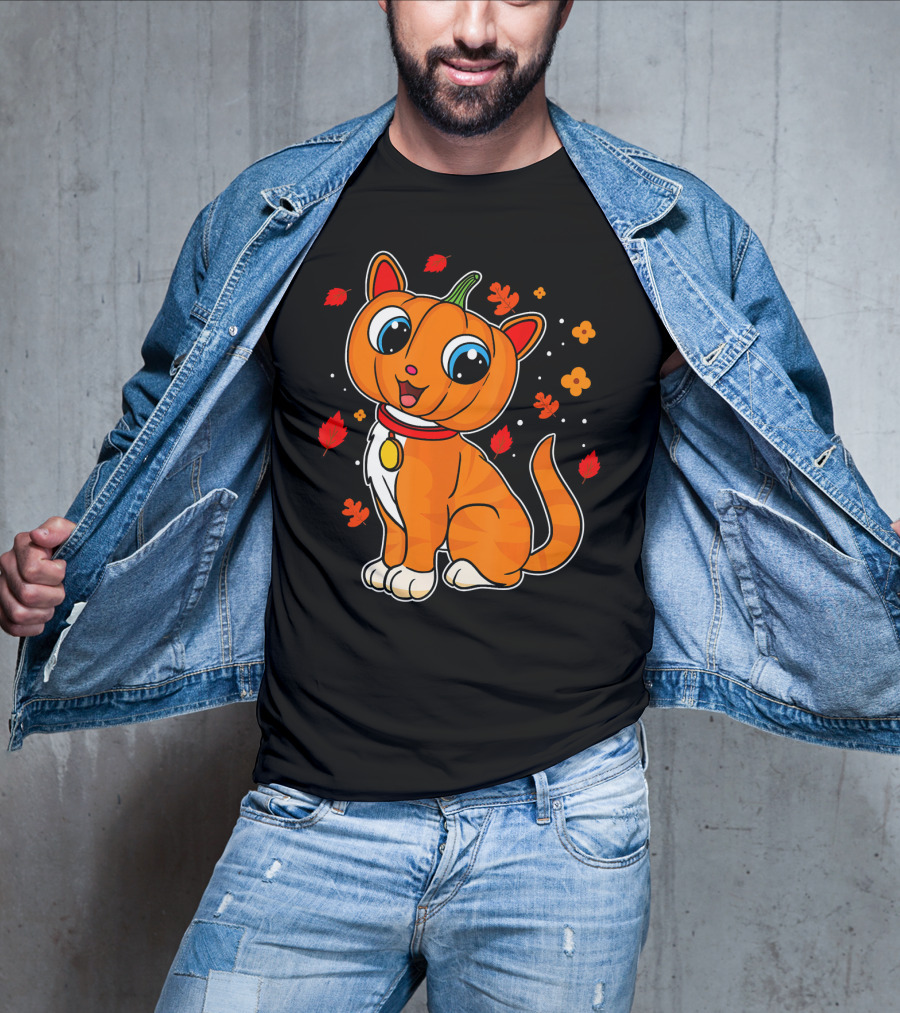Halloween Pumpkin Cat With Autumn Leaves And Flowers T-Shirt