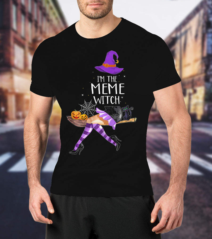 I'm The Meme Witch Halloween Cat Pumpkin Broomstick Hat T-Shirt