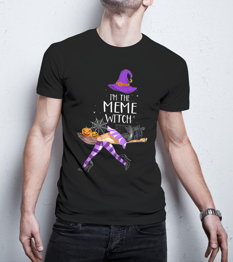 I'm The Meme Witch Halloween Cat Pumpkin Broomstick Hat T-Shirt