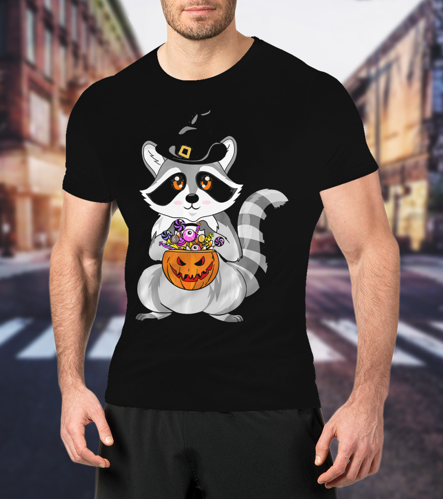 Halloween Raccoon Witch Hat Pumpkin Candy T-Shirt