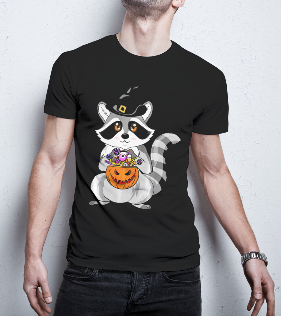 Halloween Raccoon Witch Hat Pumpkin Candy T-Shirt