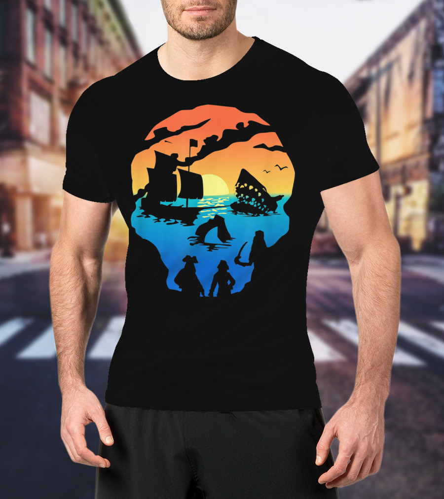Mens Skeleton Skull Pirate Ship Sunset T-Shirt