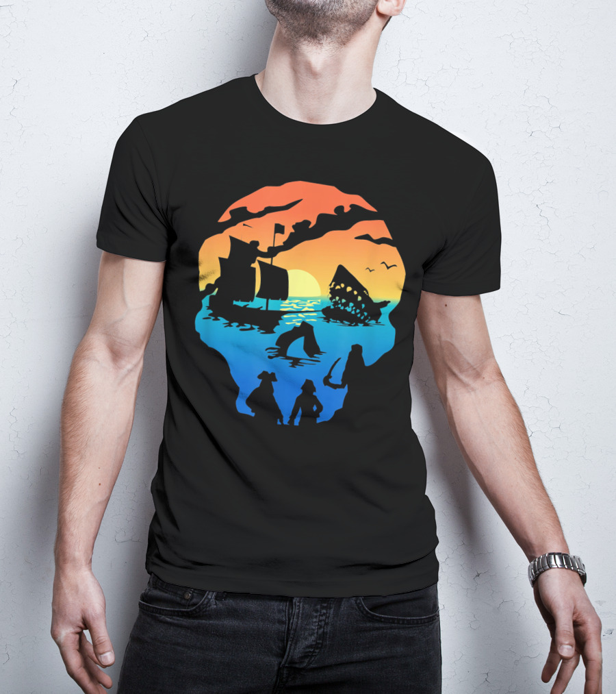 Mens Skeleton Skull Pirate Ship Sunset T-Shirt