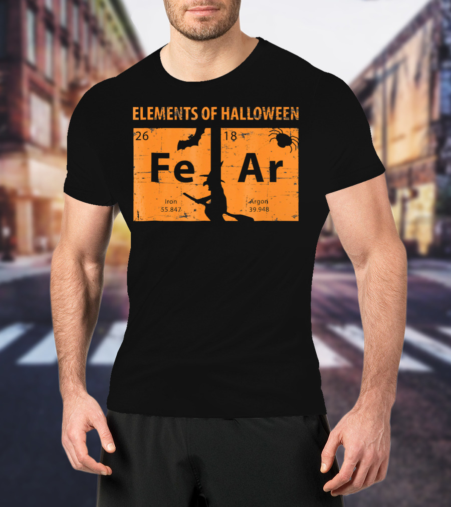 Elements Of Halloween Periodic Table Fe Ar 26 18 Iron Argon Witch Bat Spider T-Shirt