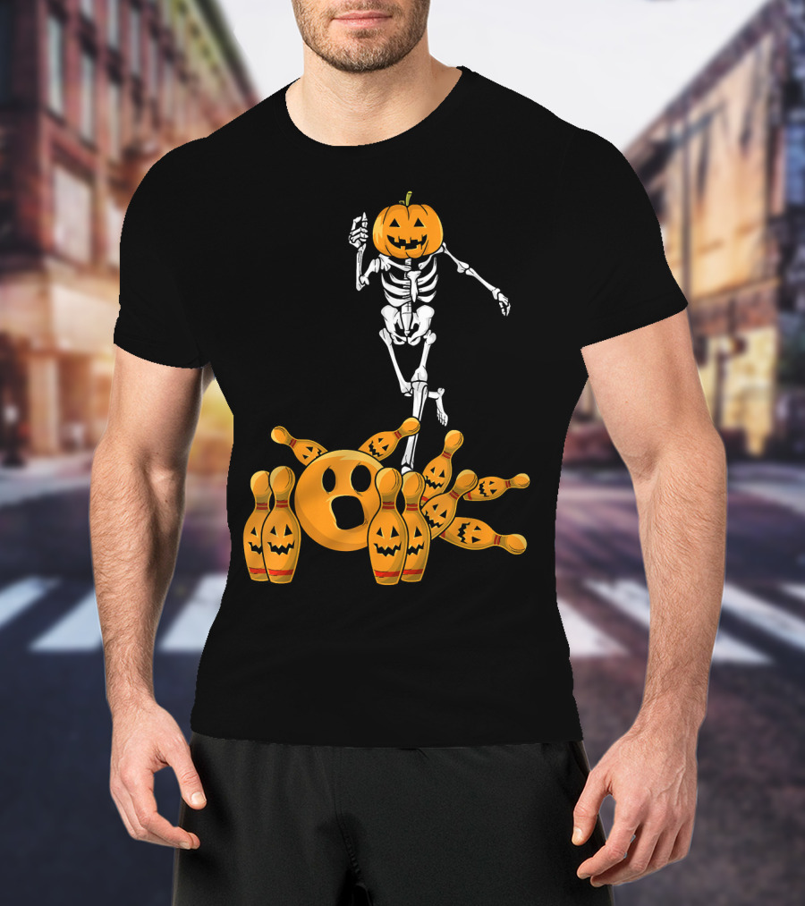 Bones Skeleton Pumpkin Head Halloween Bowling Pin Strike T-Shirt
