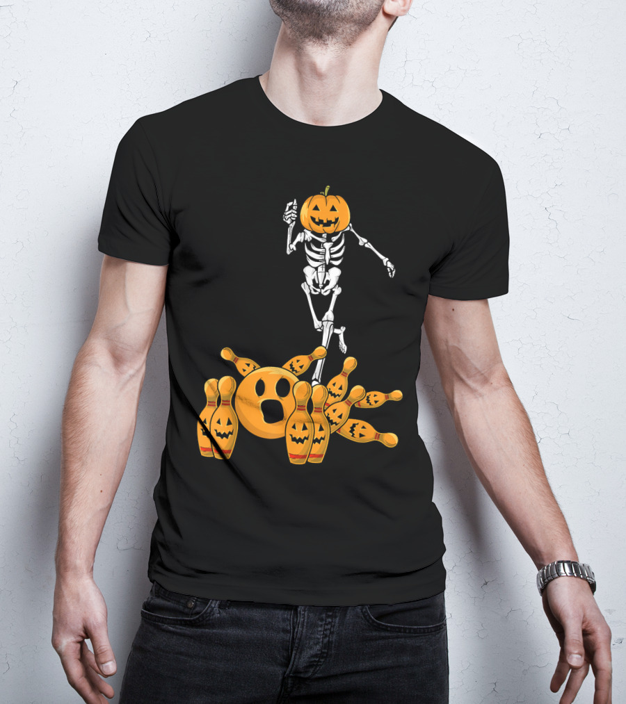 Bones Skeleton Pumpkin Head Halloween Bowling Pin Strike T-Shirt