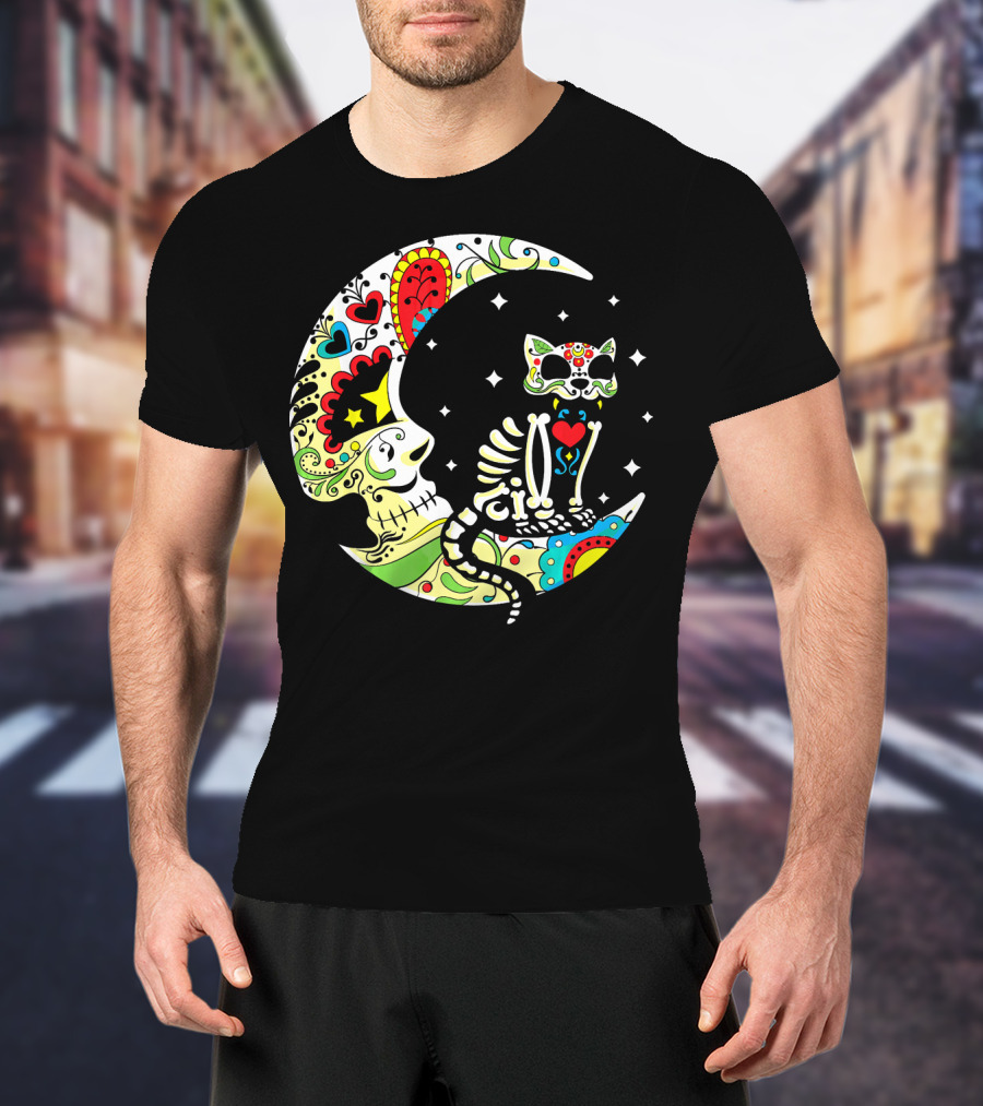 Dia De Los Muertos Halloween Sugar Skull Cat On Crescent Moon T-Shirt