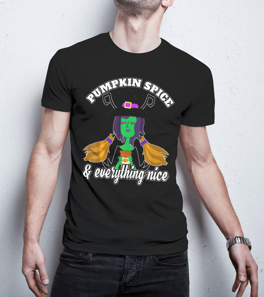 Pumpkin Spice And Everything Nice Witch Green Face Hat Brooms T-Shirt