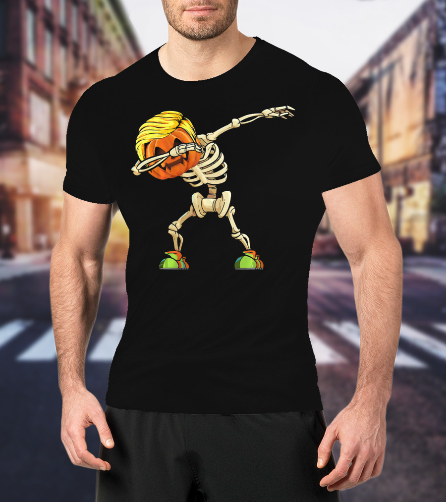 Funny Halloween Dabbing Skeleton Pumpkin With Golden Hair And Colorful Sneakers T-Shirt