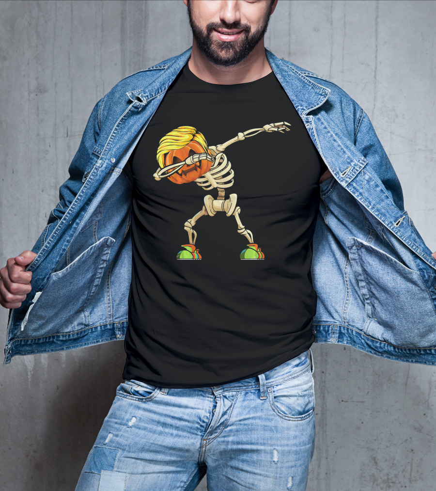 Funny Halloween Dabbing Skeleton Pumpkin With Golden Hair And Colorful Sneakers T-Shirt