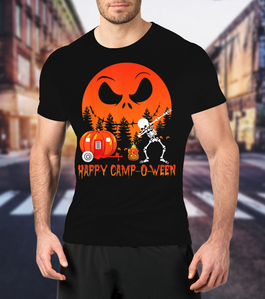 Happy Camp-O-Ween Skeleton Dab Pumpkin Camper Spooky Forest Scene T-Shirt
