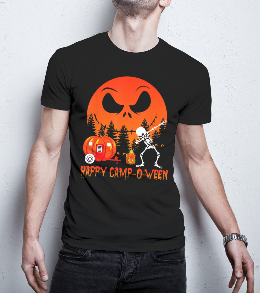 Happy Camp-O-Ween Skeleton Dab Pumpkin Camper Spooky Forest Scene T-Shirt