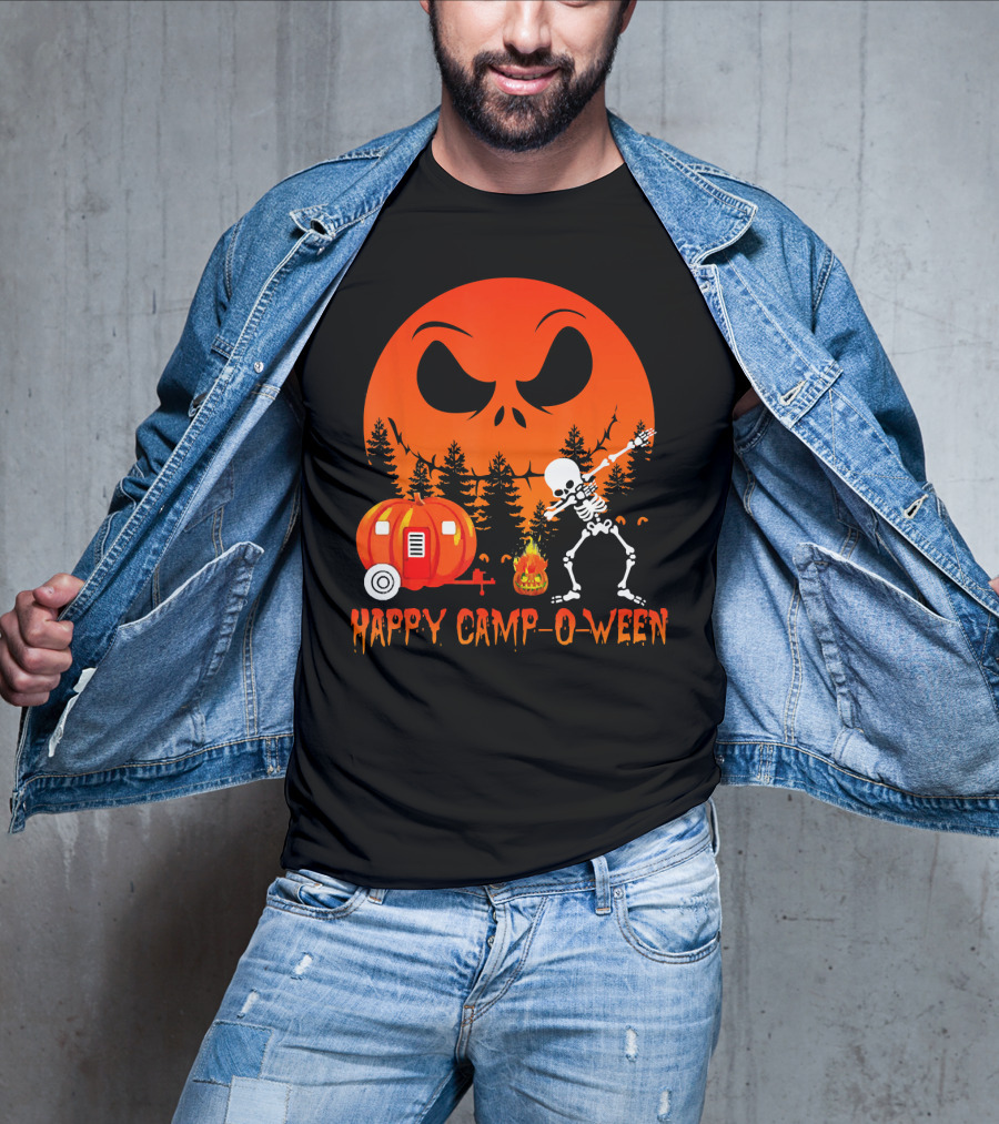 Happy Camp-O-Ween Skeleton Dab Pumpkin Camper Spooky Forest Scene T-Shirt