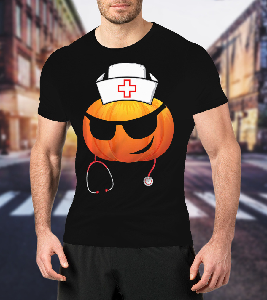 Smiling Pumpkin Nurse Emoji With Stethoscope Halloween T-Shirt